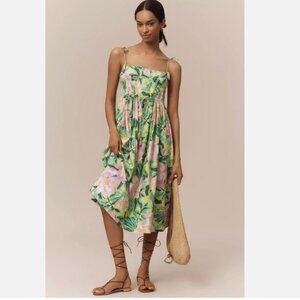 Farm Rio Anthropologie Linen Blend Tie-Strap Sweetheart Midi Dress L NWT Floral